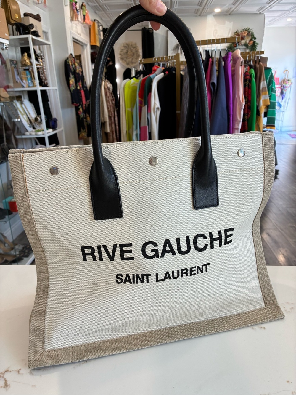 Saint Laurent Rive Gauche Canvas Tote in Ivory with Black Handles